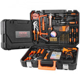 146-piece household tool kit with electric drill, various hand tools, and portable storage case.