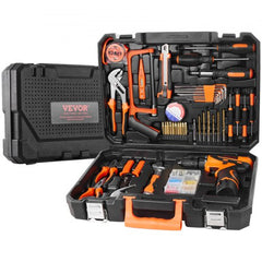 146-piece household tool kit with electric drill, various hand tools, and portable storage case.