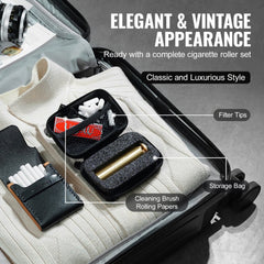 Bostome solid brass manual cigarette rolling machine with gears and included travel bag.