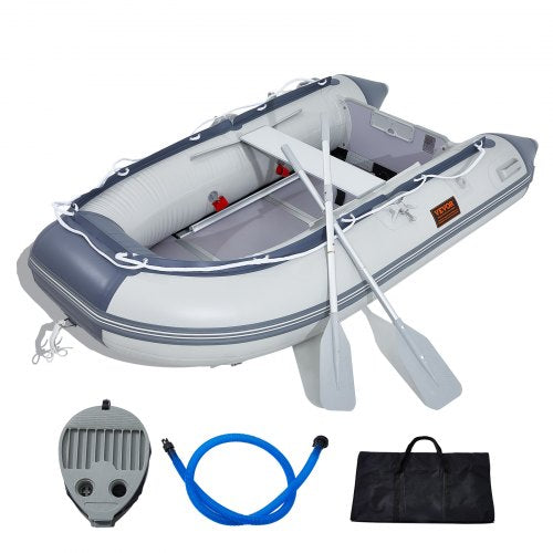 A 4-person inflatable dinghy boat with wood floor, V-shaped hull, and 1000 lbs capacity.
