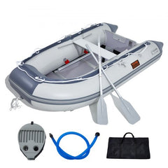 A 4-person inflatable dinghy boat with wood floor, V-shaped hull, and 1000 lbs capacity.