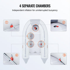 A 4-person inflatable dinghy boat with wood floor, V-shaped hull, and 1000 lbs capacity.
