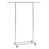 Silver adjustable rolling garment rack with extendable rod and lockable wheels.