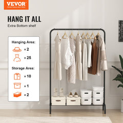 Heavy-duty clothing rack with hanging rod, bottom shelf, and storage drawers.