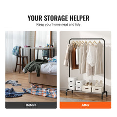 Before-and-after image showing a messy bedroom organized with a heavy-duty clothing rack featuring a hanging rod and storage shelf.