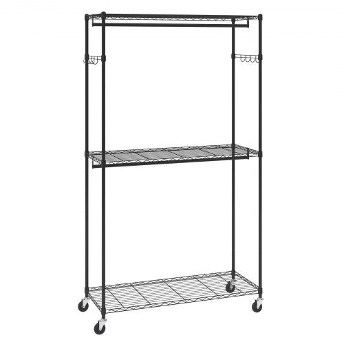 Heavy duty rolling garment rack with two rods, three shelves, and adjustable height up to 80.3 inches.