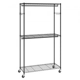 Heavy duty rolling garment rack with two rods, three shelves, and adjustable height up to 80.3 inches.