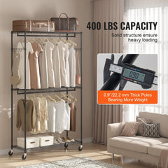 Heavy duty rolling garment rack with two rods, three shelves, and adjustable height up to 80.3 inches.