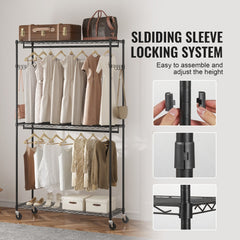 Heavy duty rolling garment rack with adjustable height, two rods, and three shelves.