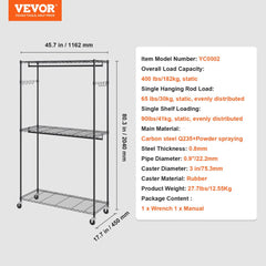 Heavy duty rolling garment rack with two hanging rods and three adjustable shelves.