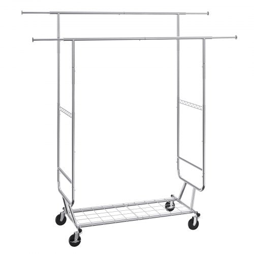 Heavy duty double rod garment rack with adjustable height and four lockable casters.