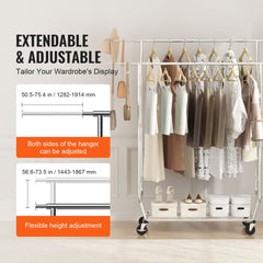 Heavy duty double rod garment rack with adjustable height and sturdy steel construction.