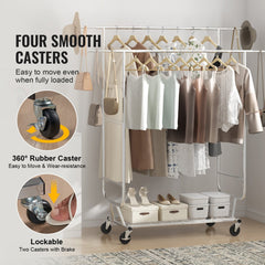 Heavy duty double rod garment rack with adjustable height and rolling casters for mobility.