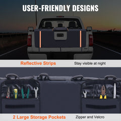 Tailgate pad for pickup trucks with reflective strips, storage pockets, and user-friendly design.