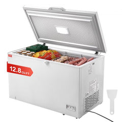 White 12.8 cu.ft chest freezer with open lid, stocked with frozen foods and baskets.