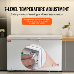 White Bostome chest freezer with 7-level temperature control dial and locking lid.