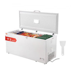 White Bostome 17.2 cu.ft chest freezer with open lid, four baskets, and included scoop.