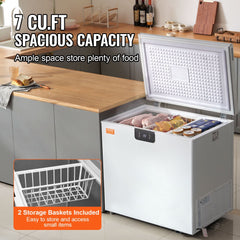 White Bostome 7 Cu.Ft chest freezer with two baskets and a digital temperature display.