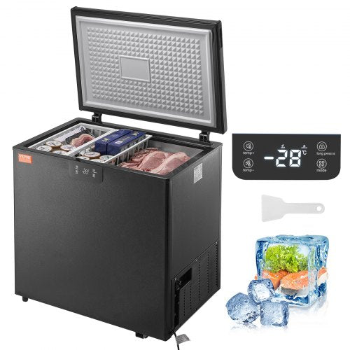 Black 7 cu.ft chest freezer with two removable baskets and adjustable temperature control.