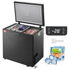 Black 7 cu.ft chest freezer with two removable baskets and adjustable temperature control.