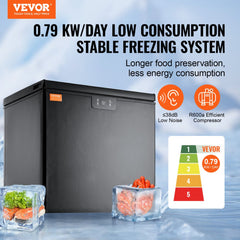 Black 7 cu.ft chest freezer with two removable baskets and smooth-rolling casters.
