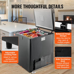Black 7 cu.ft chest freezer with two removable baskets and smooth-rolling casters.