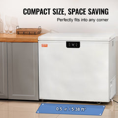 Compact white chest freezer with two baskets and digital temperature control.