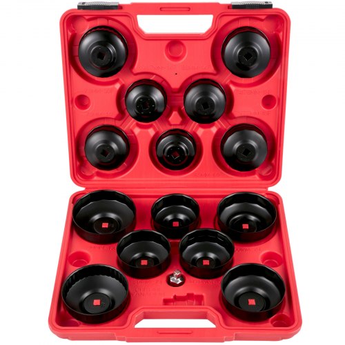 Red 14-piece steel oil filter socket set in open black case with low-profile black sockets.
