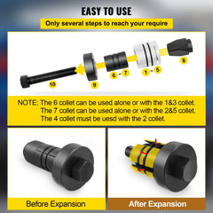 7-piece exhaust pipe stretcher kit with collets expanding pipes from 1-5/8 to 4-1/4 inches, shown in assembly and use.