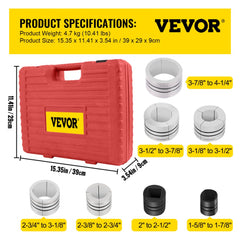 Red VEVOR exhaust pipe stretcher kit in case with 7 white collets sized 1-5/8" to 4-1/4".