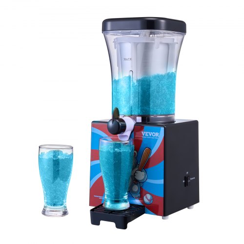 Bostome 34oz slushy machine with blue frozen drink in clear tank and glass.