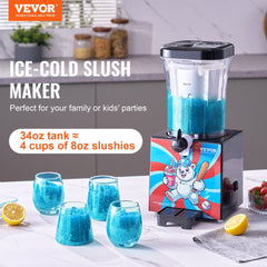 Bostome 34oz slushy machine with clear tank making blue frozen slush served in four glasses.