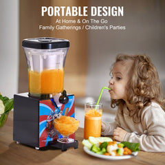 A portable 34oz slushy machine dispenses orange frozen drink to a young girl sipping through a straw at a table with vegetables.