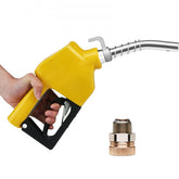 Yellow Bostome automatic fuel nozzle with 3/4" NPT inlet, 13/16" spout, and 11 GPM flow, held by hand next to brass adapter.