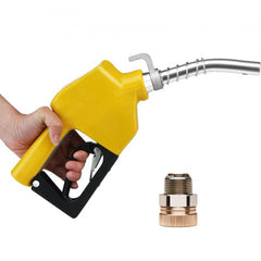 Yellow Bostome automatic fuel nozzle with 3/4" NPT inlet, 13/16" spout, and 11 GPM flow, held by hand next to brass adapter.