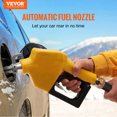 Yellow Bostome automatic fuel nozzle with 3/4" NPT inlet and 13/16" spout being used to refuel a car.