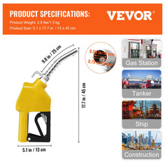 Yellow Bostome automatic fuel nozzle with 3/4" NPT inlet, 13/16" spout, and 11 GPM flow rate.
