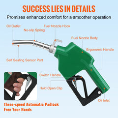 Green automatic diesel fuel nozzle with ergonomic handle, auto shut-off, and labeled parts like spout and swivel.
