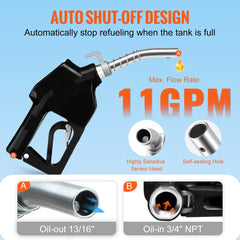 Automatic fuel nozzle with 3/4" NPT inlet, 13/16" spout, 11 GPM flow, and auto shut-off sensor.