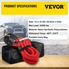 Red 1"x31.5' kinetic recovery tow rope with 33,500 lbs capacity, in black carry bag.