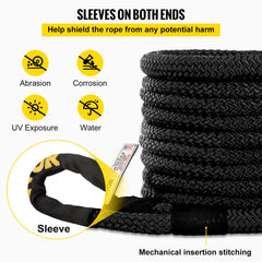 Black kinetic recovery rope with protective sleeves on both ends shielding against abrasion, corrosion, UV, and water.