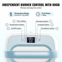Blue and white portable heat press machine with digital temperature and time controls, knob, and buttons.