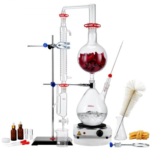 Bostome 2000ml Essential Oil Distillation Kit with borosilicate glass and 28-piece accessory set.
