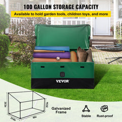 Waterproof 100-gallon outdoor storage box with a galvanized frame and inclined slope cover.