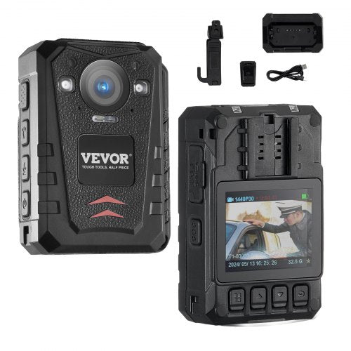 Black Bostome 1440P HD police body camera with night vision, 128GB storage, and accessories.