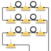 Ten yellow construction string lights with black cables are arranged in three rows.