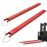 Pair of red 72-inch heavy-duty carbon steel pallet fork extensions with chains for forklift use.