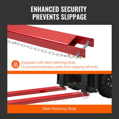 Red 82-inch heavy-duty carbon steel pallet fork extensions with steel retaining strap on forklift.