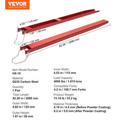 Red 82-inch heavy-duty carbon steel pallet fork extensions with 4000 lbs capacity.