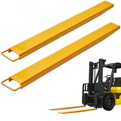 Pair of yellow 60-inch heavy-duty carbon steel pallet fork extensions with handles, shown on a forklift.
